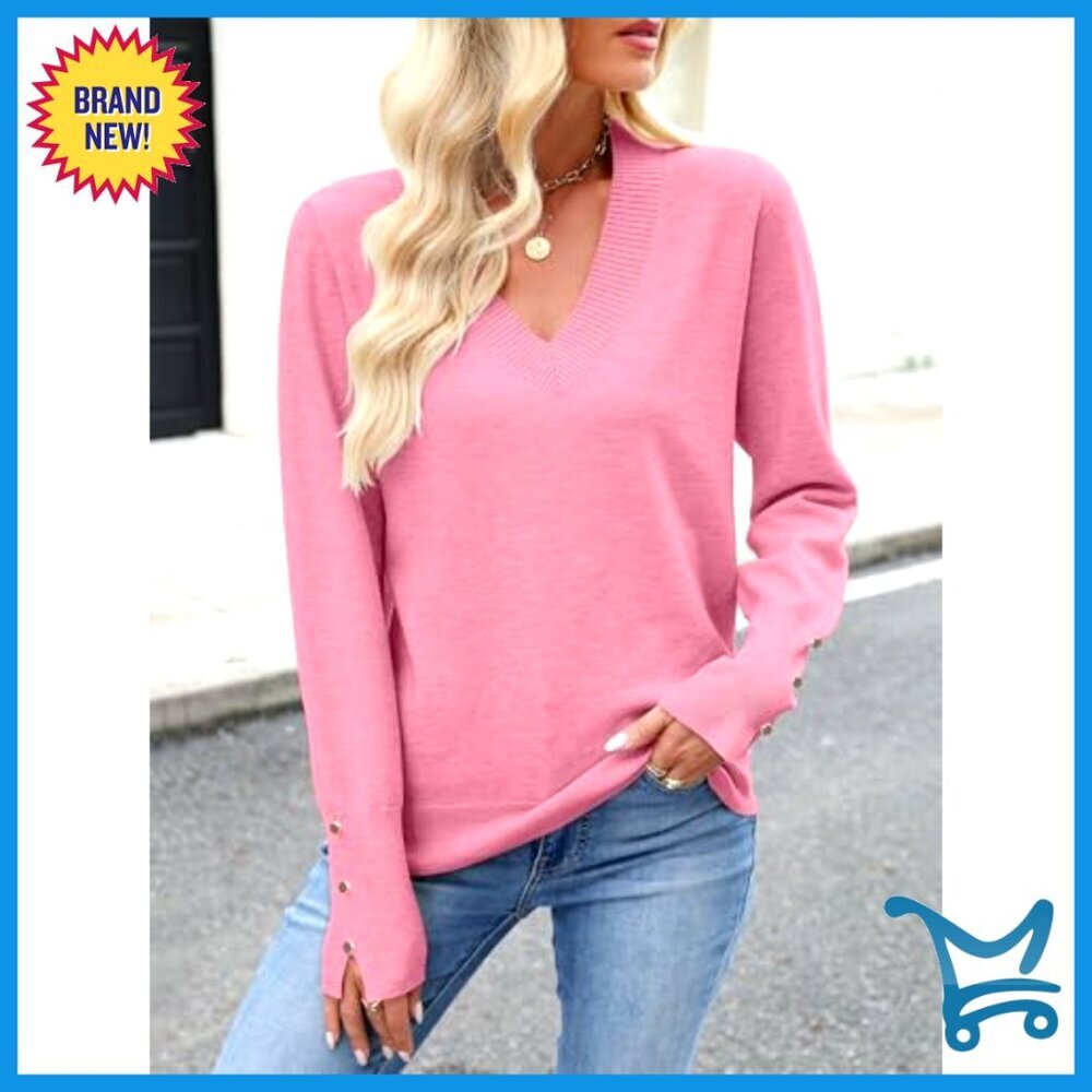 V Neck Pullover Sweater Long Sleeve Loose Knit Business Casual Work Blouse - Picture 3 of 7